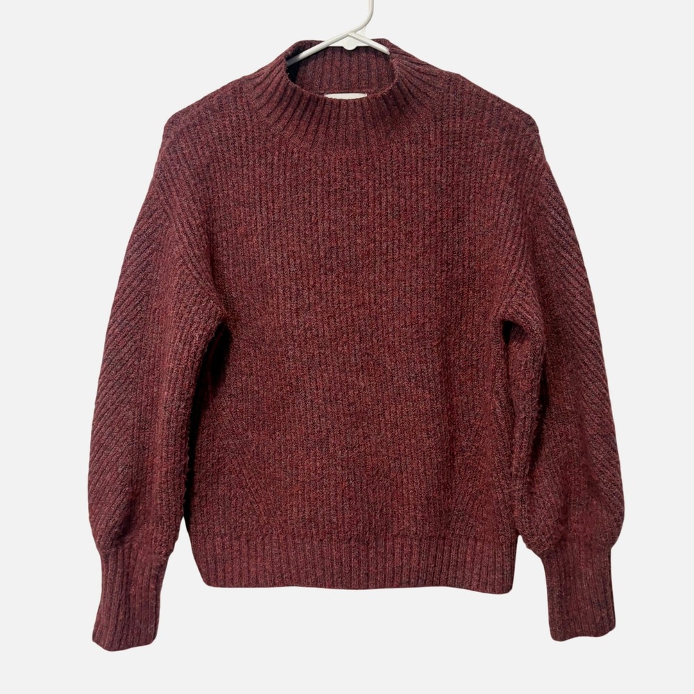 Evereve Mock Neck Sweater Womens XS Burgundy Marl Balloon Sleeve Ribbed Cozy